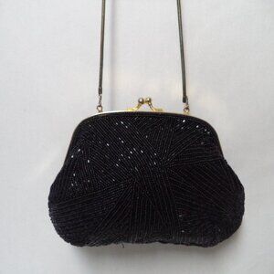 Marshall Fields Vintage beaded kiss lock purse black Occasion Chain Convertible